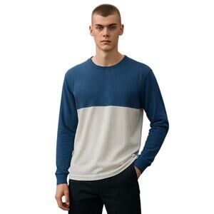 SCOTCH & SODA Men’s linen blend blue and white colorblock crewneck top
